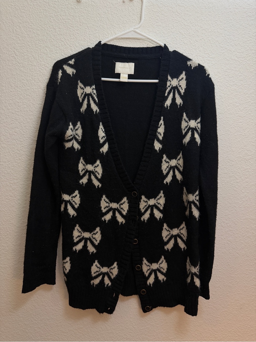 Forever 21 Black Cardigan with Cream Bow Print